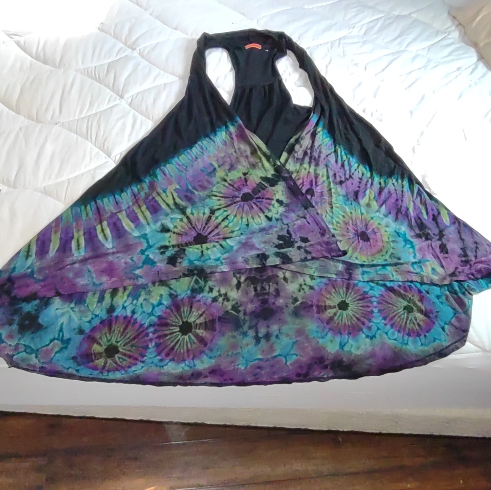 Tucan Tango Tie Dye Wrap Duster Dress Vest Hippie Jersey  Pockets black rainbow